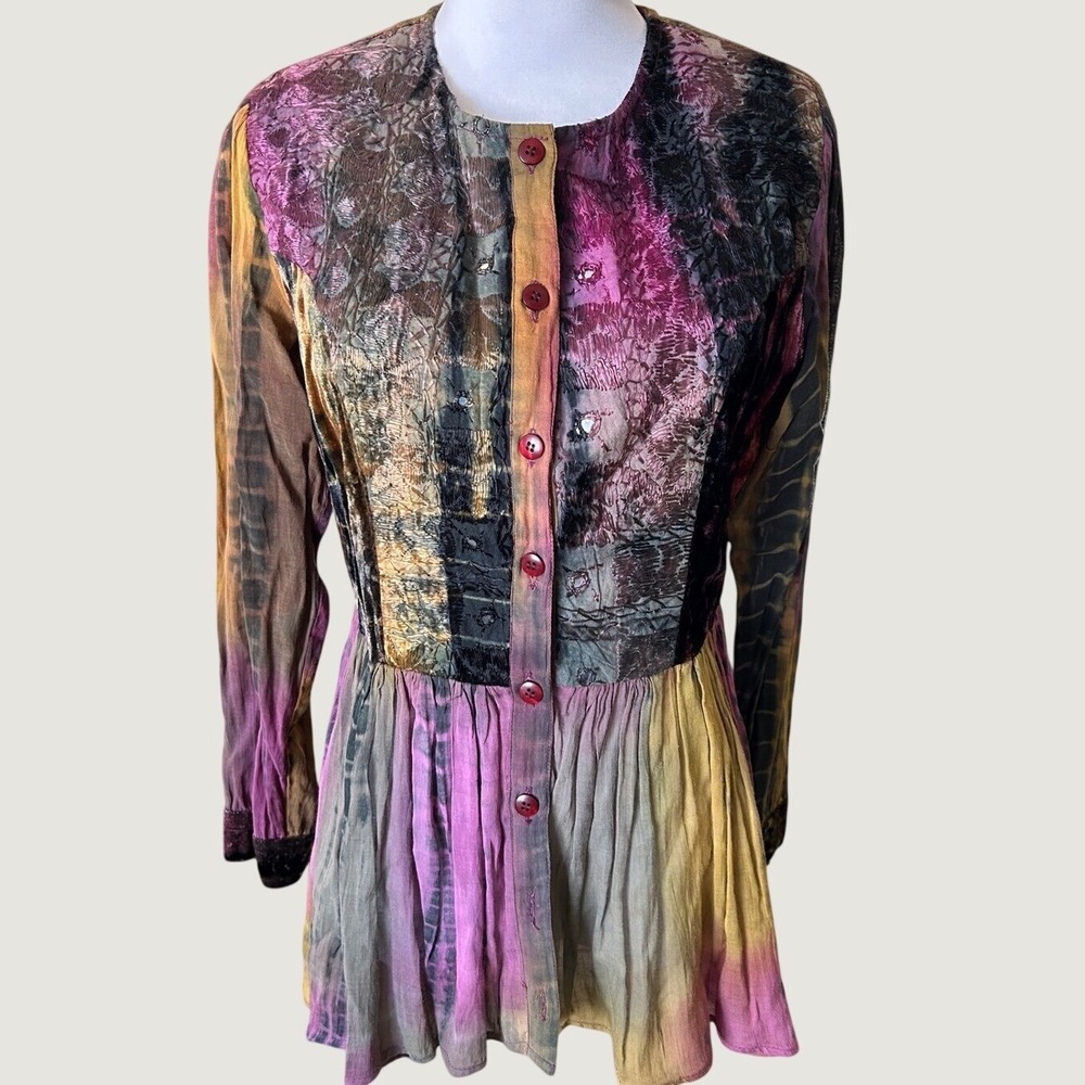Vintage Y2K Velvet Chiffon Tie Dye Embroidered Mirror Tunic Top Size S SONY